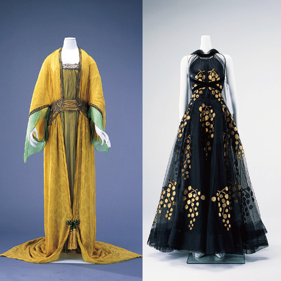 左：ポール・ポワレ《イブニング・ドレス》1913 年　島根県立石見美術館蔵　右：マドレーヌ・ヴィオネ《イブニング・ドレス、ストール》1938 年　島根県立石見美術館蔵
